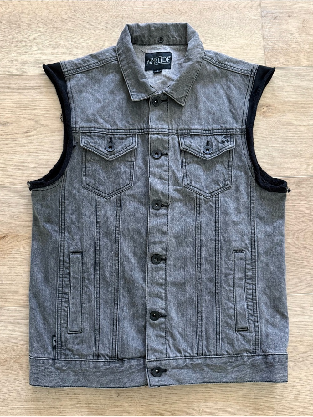 Rude Men’s Cutoff Denim Trucker Vest Size Small Gray Hot Topic